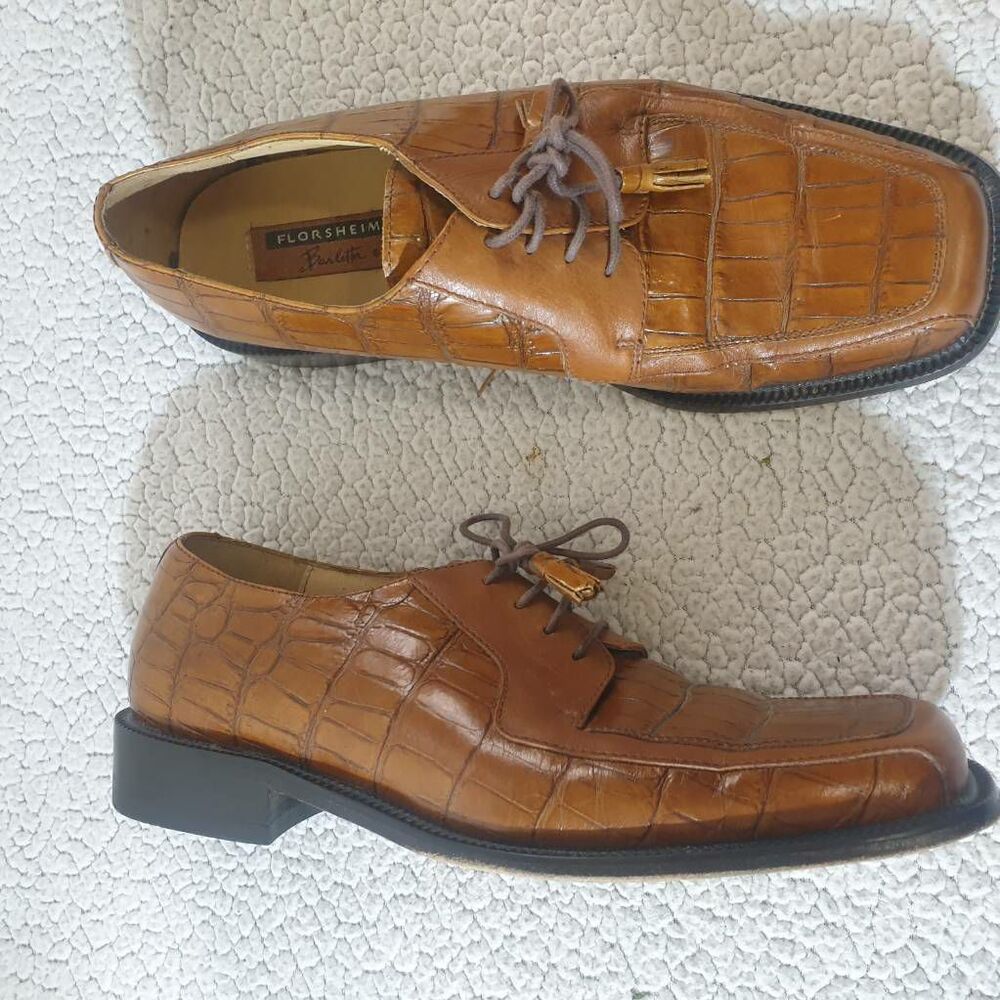 Florsheim Mens Barletta Derby Dress Shoes Brown Leather Crocodile Print 11D